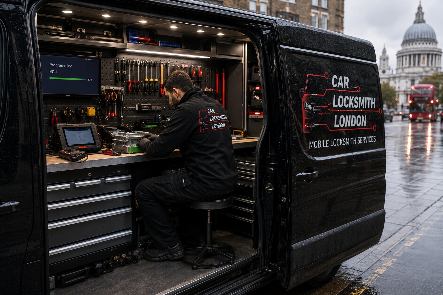 Lost car key replacement London — locksmith programming a replacement key to vehicle immobiliser without original